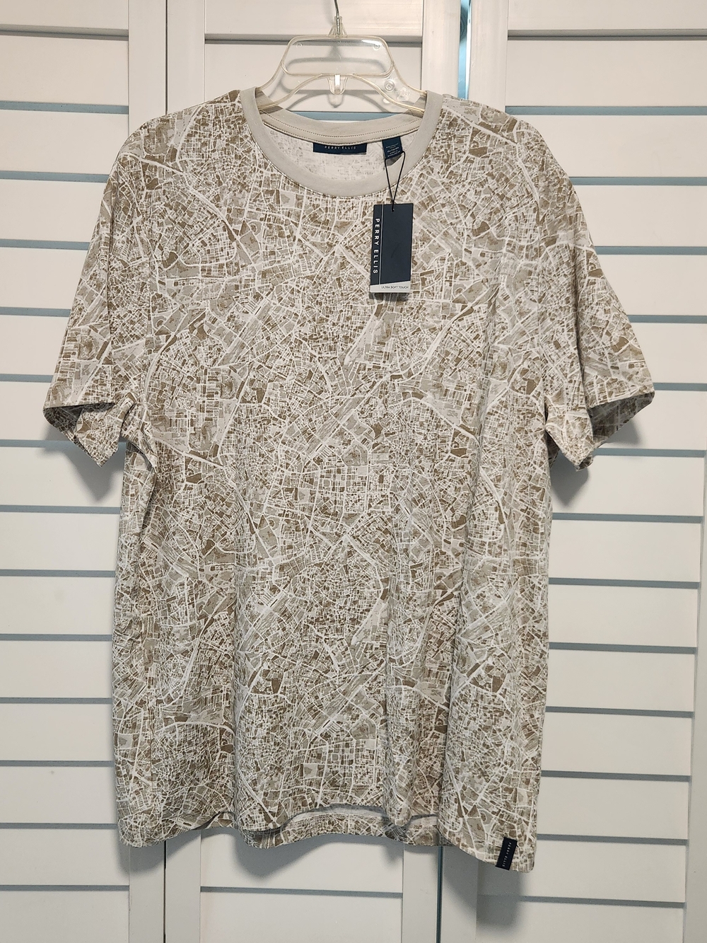 Perry Ellis  Men’s Beige & White Map-Print Cotton T-Shirt